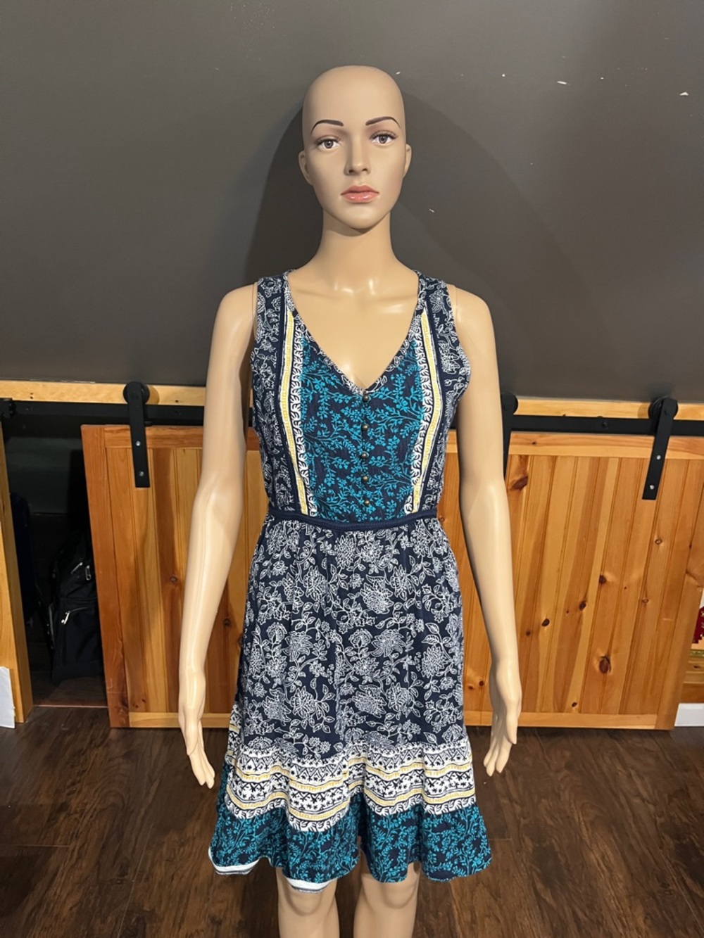 Lucky Brand Teal & Navy Mixed Floral V-Neck Dress S